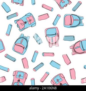 Pastel colored hand drawn seamless pattern made of backpacks and pencil cases. Vector illustration with school items for wrapping paper, backgrounds Stock Vector