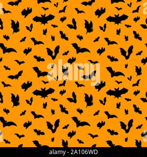 Pattern of different vector illustration of icon silhouette bats. Symbol on black and orange background Stock Vector