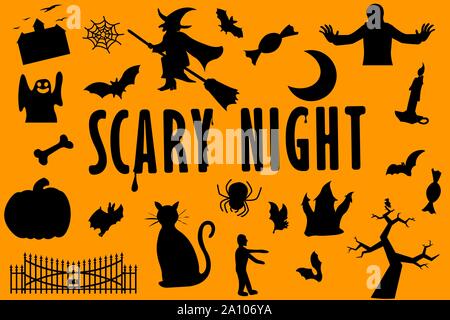 Set of different vector illustration silhouette for halloween. Icon of mummy, pumpkin, witch, ghost, zombie, bats, vampire, tomb and more cartoons Stock Vector