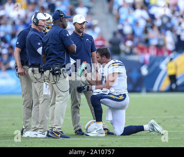 Carson, CA. 22nd Sep, 2019. Los Angeles Chargers staff talks with Los Angeles Chargers quarterback Philip Rivers #17 in the 4th qtr during the NFL Houston Texans vs Los Angeles Chargers at the Dignity Health Sports Park in Carson, Ca on September 2, 2019 (Photo by Jevone Moore) Credit: csm/Alamy Live News Stock Photo