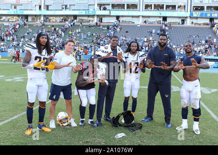 Carson, CA. 22nd Sep, 2019. The former University of Miami players, Los Angeles Chargers defensive back Rayshawn Jenkins #23, Los Angeles Chargers kicker Mike Badgley #4, Houston Texans running back Duke Johnson #25, coach Andre Johnson, Los Angeles Chargers wide receiver Travis Benjamin #12, and Los Angeles Chargers middle linebacker Denzel Perryman #52 during the NFL Houston Texans vs Los Angeles Chargers at the Dignity Health Sports Park in Carson, Ca on September 2, 2019 (Photo by Jevone Moore) Credit: csm/Alamy Live News Stock Photo