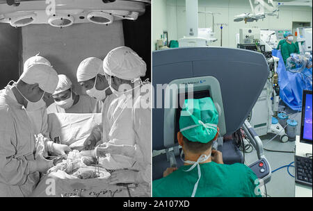 (190923) -- BEIJING, Sept. 23, 2019 (Xinhua) -- Left: File photo taken in 1975 shows doctors performing a gallbladder removal surgery (cholecystectomy) at a health center in Zhongshan, south China's Guangdong Province.Right: Photo taken on July 18, 2019 by Liu Dawei shows Chen Lingwu (L), director of the Department of Urology at the First Affiliated Hospital of Sun Yat-sen University, conducting an operation to repair the fallopian tube with the help of a robot-assisted laparoscope at the hospital in Guangzhou, capital of south China's Guangdong Province. The upgrade of surgical technologies a Stock Photo