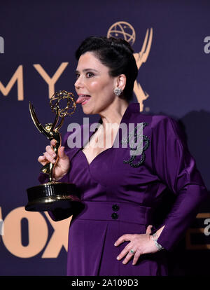 Los Angeles, United States. 22nd Sep, 2019. Alex Borstein, winner of the award for Outstanding Supporting Actor in a Comedy Series for 'The Marvelous Mrs. Maisel' appears backstage during the 71st annual Primetime Emmy Awards held at the Microsoft Theater in downtown Los Angeles on Sunday, September 22, 2019. Photo by Christine Chew/UPI Credit: UPI/Alamy Live News Stock Photo