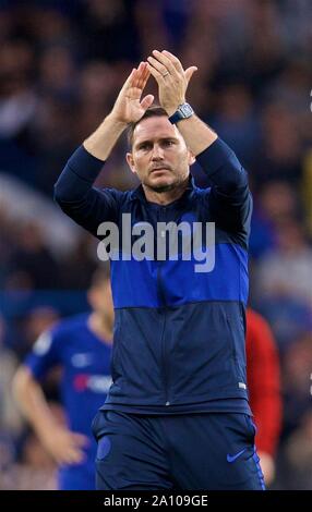 London, UK. 23rd Sep, 2019. Chelsea's coach Frank Lampard applauds after the English Premier League match between Chelsea and Liverpool at Stamford Bridge in London, Britain on Sept. 22, 2019. Credit: Xinhua/Alamy Live News Stock Photo