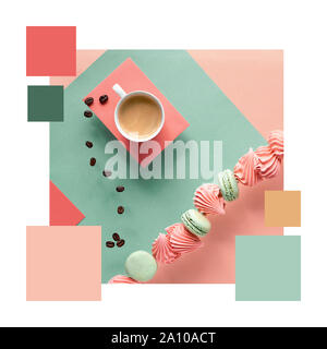 Color matching complementary palette from geometric image with coffee, marshmallows and macarons on split paper background in mint, peach and coral co Stock Photo