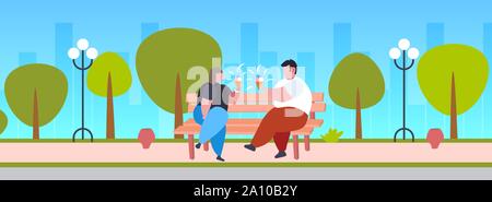 fat obese couple sitting on wooden bench eating ice cream overweight man woman having fun unhealthy nutrition obesity concept summer park cityscape Stock Vector