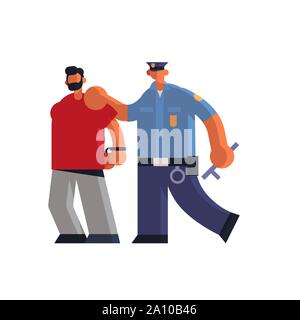 male police officer arrested criminal policeman in uniform holding caught suspect thief security authority justice law service concept flat full Stock Vector