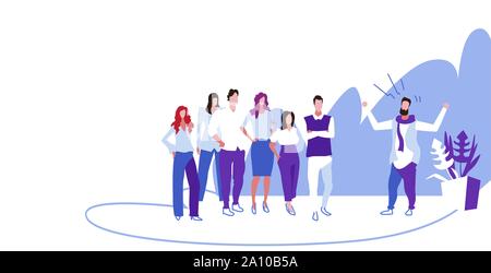 unsatisfied businessman boss screaming on frustrated workers group bad job concept angry employer shouting at employees office inteior sketch Stock Vector