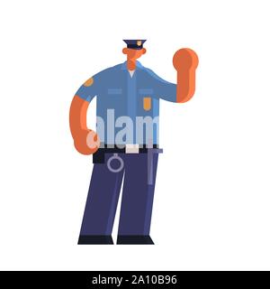 male police officer holding hand with stop gesture policeman in uniform security authority justice law service concept flat full length white Stock Vector