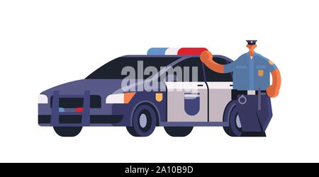 male police officer standing near patrol car policeman in uniform security authority justice law service concept flat full length white background Stock Vector