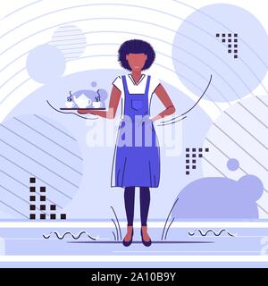 professional waitress holding coffee or tea cups on tray african american woman restaurant worker in apron serving hot drinks sketch full length Stock Vector