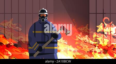 brave fireman holding axe firefighter wearing uniform and helmet firefighting emergency service extinguishing fire concept burning house interior Stock Vector