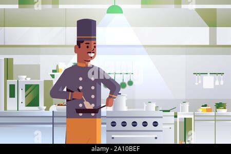 male professional chef using frying pan stirring food african american man in uniform standing near stove cooking concept modern restaurant kitchen Stock Vector