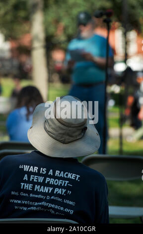 Boston, Massachusetts, USA. 22 September, 2019.  10th  annual United Nations International Day of Peace and Climate Action on the Boston Common.  About 100 people gathered on the Boston Common below the Massachusetts State House in central Boston, MA.  Member of Veterans for Peace during event. Credit Chuck Nacke / Alamy Live News