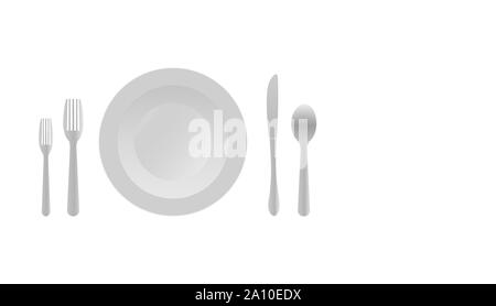 Cutlery set template. Round plate, knife, fork, spoon. Vector illustration on a white background. Stock Vector