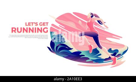 A flat-art-style illustration of a female runner with mountain scenery in vector. Morning exercise. Marathong running theme. Stock Vector