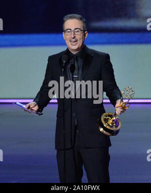 John Oliver accepts the Outstanding Variety Talk Series award for 'Last Week Tonight with John Oliver' onstage during the 71st annual Primetime Emmy Awards at the Microsoft Theater in downtown Los Angeles on Sunday, September 22, 2019. Photo by Jim Ruymen/UPI Stock Photo