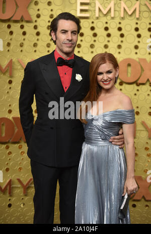 Los Angeles, United States. 22nd Sep, 2019. Sacha Baron Cohen and Isla Fisher arrive for the 71st annual Primetime Emmy Awards held at the Microsoft Theater in downtown Los Angeles on Sunday, September 22, 2019. Photo by Christine Chew/UPI Credit: UPI/Alamy Live News Stock Photo
