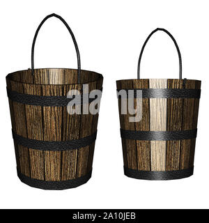 Digitally rendered illustration of an old wooden bucket on white background. Stock Photo