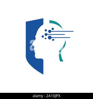 human head, shield, lines and dots an Artificial Intelligence logo icon symbol vector design Stock Vector