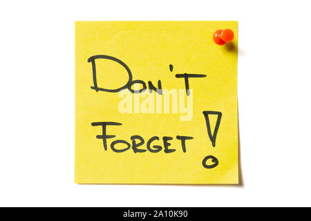 Sticky note message on yellow sticky note pinned to white background Stock Photo