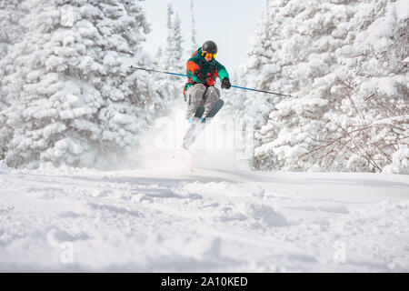 Fast skier freerides and jumps in snowy forest. Offpiste skiing concept Stock Photo