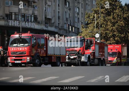 Bucharest, Romania - September 22, 2019: Fire engines from the Romanian firefighters on a city street during an exercise (drill). Stock Photo