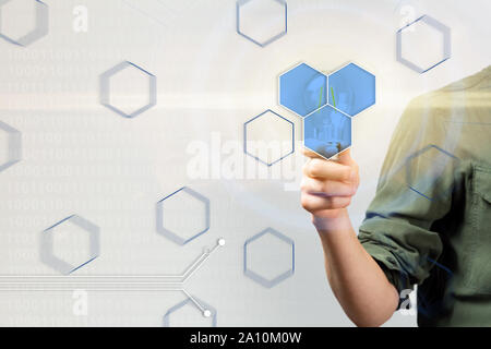 Businesswoman holding glowing light bulb with icon technology network connection.Business innovation concept. Futuristic digital marketing Stock Photo