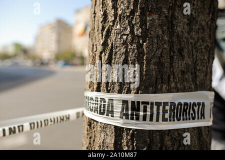 Bucharest, Romania - September 22, 2019: Crime scene ribbon that reads in Romanian Counter-terrorism Brigade, of the Romanian Intelligence Service, du Stock Photo