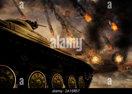 Retro army tank in the field of battle, military background Stock Photo -  Alamy