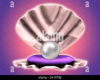 Illustration of white pearl in big open shell background. Stock Photo