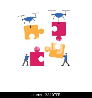 Business concept. Team metaphor. people connecting puzzle elements. Drones helps in the work. Vector illustration flat design style. Symbol of teamwor Stock Vector