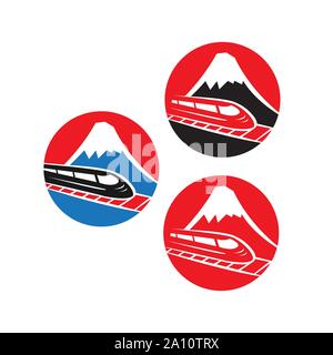 Japanese red logo with Fuji mountain and speed train isolated on white background Stock Vector