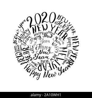 2020 New Year. Calligraphic words. Vector illustration.Black and white poster Stock Vector