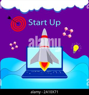 Flat drawing of the rocket. Business startup . The rocket takes off to the stars. Computer, laptop. Stars in blue space. Vector Stock Vector