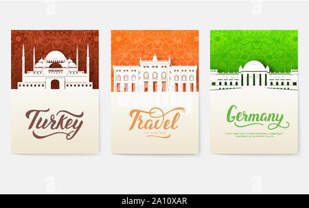 set of art ornamental travel and architecture on ethnic floral flyers. Vector decorative banner of card or invitation design. Historical monuments of Tourkey, Austria, Germany, India, Japan Stock Vector