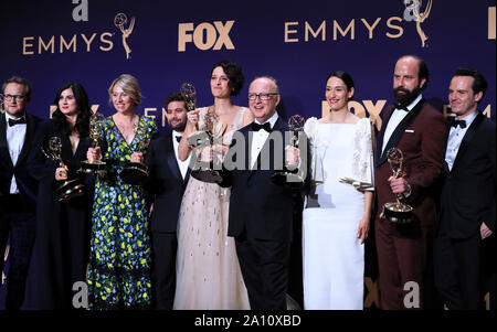 Los Angeles, USA. 22nd Sep, 2019. Cast members of 'Fleabag' pose with the award for outstanding comedy series during the 71st Primetime Emmy Awards in Los Angeles, the United States, Sept. 22, 2019. Credit: Li Ying/Xinhua/Alamy Live News