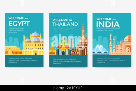 Country of Egypt, Austria, Germany, India, Russia, Thailand, Japan, Italy card set. Travel of the world of flyer, magazines, poster, book cover, banner. Layout infographic template illustration Stock Vector