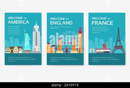 Country of USA, England, China, Frnace, Russia, Thailand, Japan, Italy cards set. Travel of the world of flyer, magazines, poster, book cover, banners. Layout infographic template illustration Stock Vector