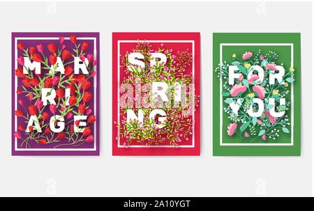 Flower theme for the design of gift flyers. The best cards for a wedding or birthday. Template for decorating of an invitation to flower shop Stock Vector