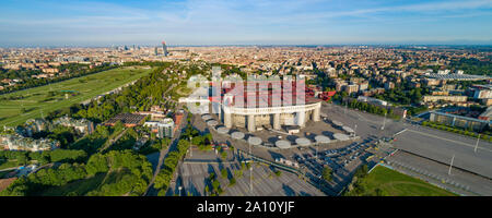 Aerial panoramic view of Milan (Italy) cityscape with the soccer stadium,  known as San Siro Stadium Stock Photo