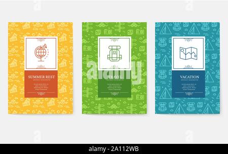Set of linear travel style concept. Journey element on poster, book, layout abstract, magazines, brochure. Vector thin line vacation tour greeting card or invitation design background Stock Vector