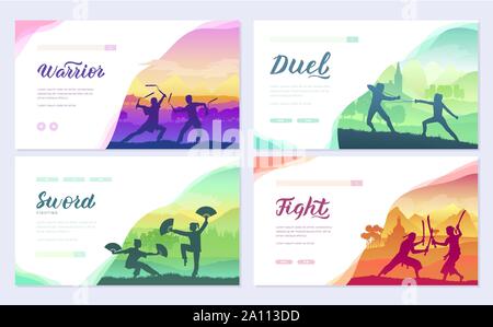 Martial arts of different Nations of the world. Traditional fights with weapon brochure card set. Fighting style battle template of flyear, web banner, ui header, enter site. Layout modern slider Stock Vector
