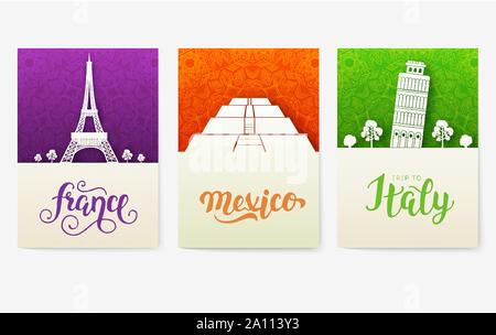 set of art ornamental travel and architecture on ethnic floral flyers. Vector decorative banner of card or invitation design. Historical monuments of USA, China, Egypt, France, Mexico, Italy Stock Vector