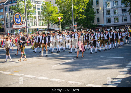 Munich,Germany-September 21,2019: A marching band plays music as it marches  during  the parade at the start of the oktoberfest Stock Photo