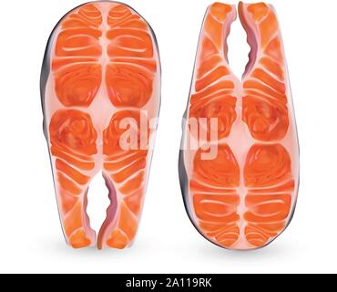 Two fillet salmon. Fresh steaks. 3D realistic fillet salmon on white background. Fish fillet close up. Vector illustration. Stock Vector