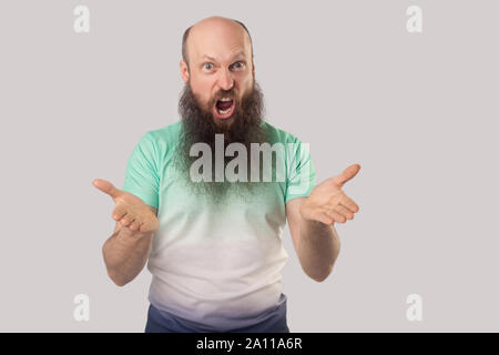 What do you want? Portrait of angry middle aged bald man with long beard in light green t-shirt standing, looking at camera, screaming and asking. ind Stock Photo