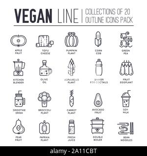 Set of vegan thin line icons, logos isolated on white background. Fruits and vegetables outline pictograms collection. Vegetarian foods and drinks vector elements for infographic, web. Stock Vector