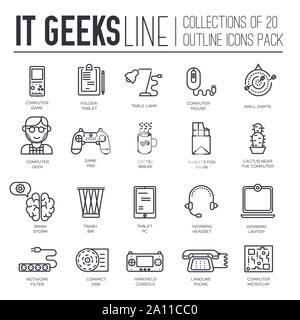 Set of IT geeks, gadgets, devices thin line icons on white background. Programmer, gambler suppliers outline pictograms collection. Computer whiz vector element for infographic, web. Stock Vector