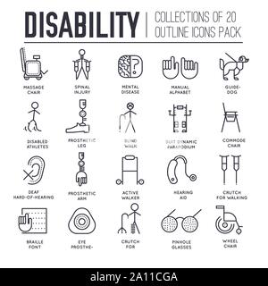 Set of equipment for disabled people thin line icons on white. Artificial limbs outline pictograms collection. Medical supplies for physically handicapped vector elements for infographic, web. Stock Vector